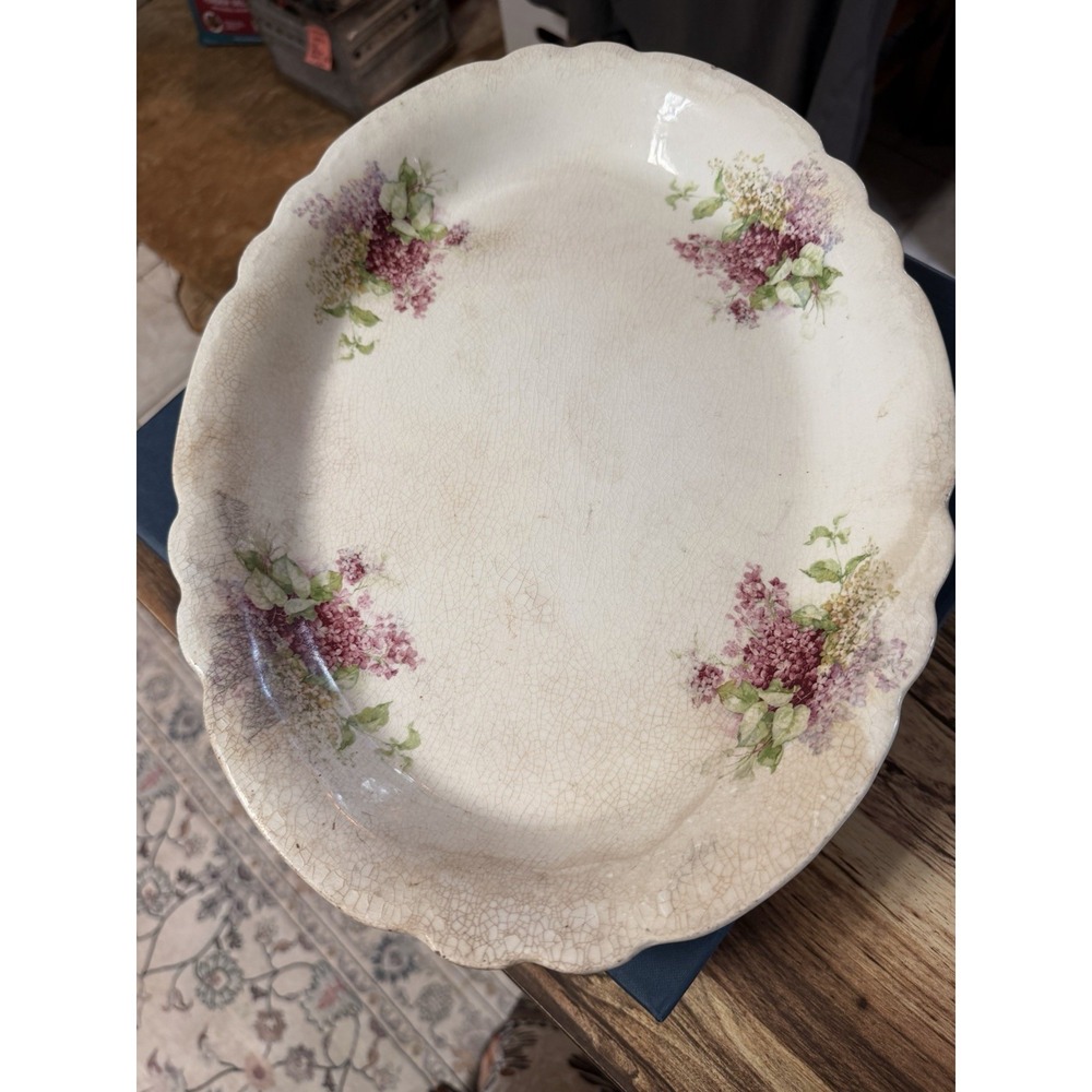 Antique Bavaria Porcelain Wash Basin Bowl 15" Lilac Floral Scalloped Schumann